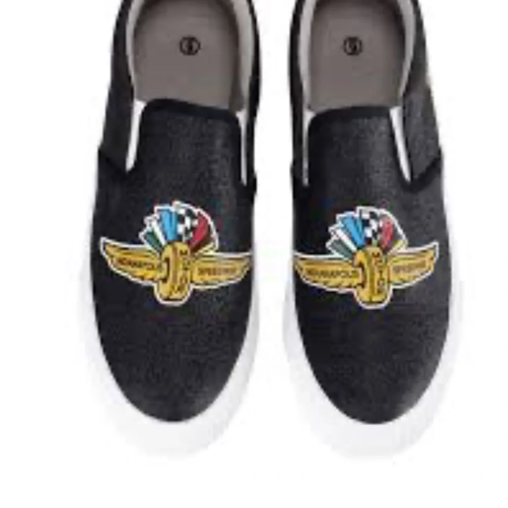 🆕 Race Fans🏁Wing Wheel Flag Glitter Black Slip-On Sneakers with Winged Logo. NWT